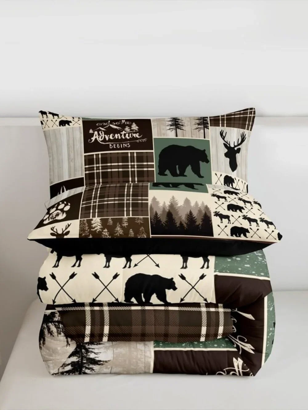 Rustic Patchwork King Bed Comforter Set, Hunting Deer Bear Bedding Retro Cabin L
